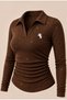 Brown Polo Collar Long-Sleeve Sequin-Embellished, Embroidered, Stretch Fabric Premium Body Blouse