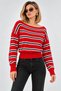 Women's Boat Neck Striped Knit Sweater with Drop Shoulder Rib Knit Collar Detail - 2