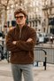 Men's Winter Half-Zip Coffee-Colored Fleece-Lined Jacket - 5