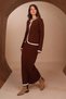 Women's Contrast-Piped Bow-Collar 2-Piece Knit Skirt Modest Set 3282 Brown - 6
