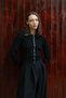 Wavy Crew Neck Knit Top with Black Button Collar Detail