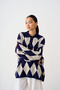 Women's Polo Collar Diamond Patterned Oversized Knit Sweater, Navy Blue - 2