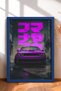 Framed Painting of a Purple Sports Car on a Rainy Side Street—Car Poster for Garage or Office Wall Decor OTO185