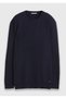 Navy Blue Crew Neck Corded Fabric Wool Blend Knit Sweater - 7