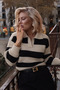 Women's Polo Collar Cream and Black Striped Soft-Textured Sweater
