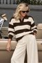 Women's Polo Collar Brown and Ecru Striped Soft-Textured Sweater - 3