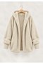 Women's Ecru Hooded Plush Jacket with Ribbed Sleeve Detail—Oversized Winter Coat - 5