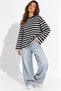 Women's Navy and Ecru Striped Cotton Crew Neck Oversized Blouse - 3