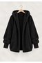 Women's Black Hooded Plush Jacket with Ribbed Sleeve Detail—Oversized Winter Coat - 5