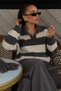 Women's Polo Collar Anthracite and Ecru Striped Soft-Textured Sweater - 2