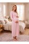 New Season Pink-Patterned Full-Length Easy-Breastfeeding Design Long-Sleeved 100% Cotton Postpartum and Maternity Robe and Nightgown Set - 4