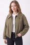 Women's Khaki Shirt Collar Zipper-Front Lined Transitional Bomber Jacket - 2