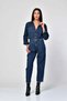 WhatsUp Double-Pocket Full-Length Button-Down Denim Jumpsuit - Blue