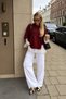Women's Crew Neck Oversized Knit Sweater with Lace and Bow Detail - 2