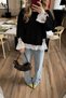 Women's Crew Neck Oversized Knit Sweater with Lace and Bow Detail - 3