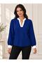 Women's Contrast Collar Detailed V-Neck Long Sleeve Stylish Blouse