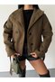 Arven high neck, belted, short, linered kaşe coat, black, brown. - 4