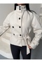 Arven high neck, belted, short, linered kaşe coat, black, brown. - 5