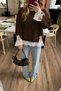 Women's Crew Neck Oversized Knit Sweater with Lace and Bow Detail - 3