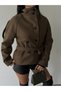 Arven high neck, belted, short, linered kaşe coat, black, brown. - 7