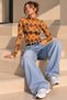 Women's Coffee-Orange Retro Patterned Mock Neck Long-Sleeve Tulle Blouse - 6