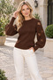 Women's Round-Neck, Long-Sleeved, Puffed-Sleeve, Lace-Like Knit Cuffs and Corded Fabric Knitted Detail, Stylish and Elegant Casual Brown Knit Sweater - 6