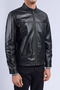 Black Slim Fit Stand-Up Collar Leather Jacket - 3