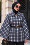 Pera Buttoned Plaid Poncho TSD260365 Blue - 4