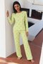 Women's Patterned Long-Sleeved Comfortable Green Pajama Set - 4