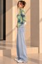 Women's Blue and Green Patterned Mock Neck Long-Sleeved Tulle Blouse - 7