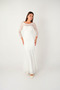 Top Guipure Lace Bottom Double Fabric Boat Neck Evening Dress - White