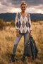 Italian Beige-Anthracite V-Neck Long-Sleeve Diamond Patterned Casual Angora Wool Blend Knit Blouse 63 56 - 4