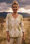Italian Khaki V-Neck Long-Sleeve Casual Angora Wool Blend Knit Blouse with Diamond Pattern, Sizes 63 and 56