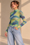 Women's Blue and Green Patterned Mock Neck Long-Sleeved Tulle Blouse - 2