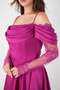 Satin Fabric Degaje Collar Lace Detailed Midi Dress - Fuchsia - 3