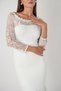 Top Guipure Lace Bottom Double Fabric Boat Neck Evening Dress - White - 4