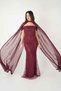 Full Beaded Fabric Cape Detailed Evening Dress - Bordo - 3