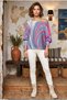 Italian Blue-Fuchsia Boat Neck Batwing Sleeve Digital Print Casual Mercerized Oversized Knit Blouse 64 74 - 6