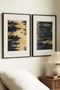 2 VINTAGE PAINTINGS WITH BLACK WOODEN FRAMES FEATURING ABSTRACT LANDSCAPES WITH FOREST AND WATER THEMES