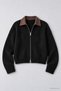 Women's Wool-Blend Knit Cardigan with Denim Collar and Double Zipper - 2