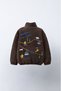 Children's Brown Plush Ski-Embroidered Zipper Jacket