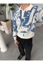 Patterned Polo Collar Sweater, V-Neck, Blue - 3