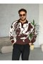 Patterned Polo Collar Sweater, V-Neck, Brown - 3