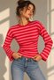 Women's Oversized Striped T-Shirt with a Textured Design, Waist-Fitted, and Long Sleeves - 4