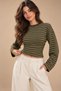 Women's Shiny-Textured Striped Oversized Long-Sleeved T-Shirt with a Waist-Fitted Fit - 8