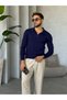 V27 Fleece-Lined Straight-Cut Polo Collar Sweater, V-Neck, Navy Blue - 3