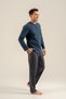 Men's dark indigo 100% cotton striped pajama set, button-down crew neck, pocket detail. - 8