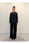 Premium Blazer Jacket with Asymmetrical Shawl Collar and Gold Buttons, Paired with High-Waisted Pants