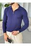 V27 Fleece-Lined Straight-Cut Polo Collar Sweater, V-Neck, Navy Blue