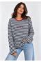 Women's Navy Blue Crew Neck Sweatshirt with Print and Stripes
